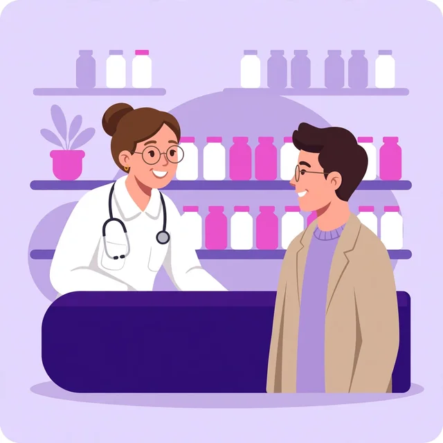 Pharmacist consulting a customer across the counter — trusted local pharmacy advice, by Rank Rays.