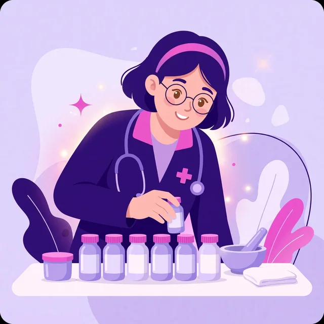 Pharmacist arranging medicine bottles neatly on the counter — careful dispensing, by Rank Rays.