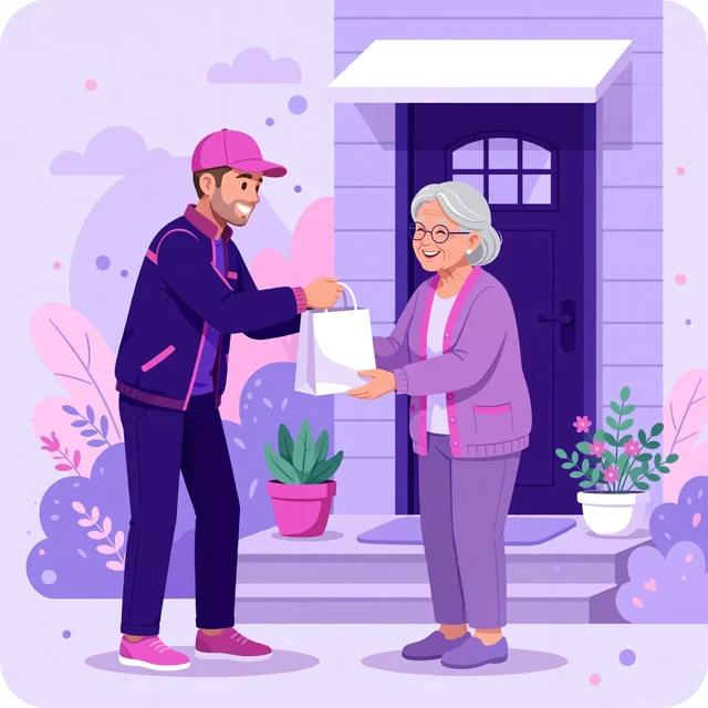 Driver handing a pharmacy bag to a smiling senior at her door — convenient pharmacy delivery, by Rank Rays.