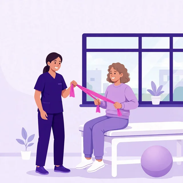 Physical therapist guiding a smiling patient through a resistance-band exercise in a bright clinic, flat-vector illustration for Rank Rays physical therapy SEO