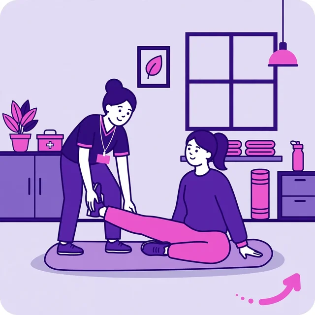 Flat-vector illustration for the 'Why physical therapy clinics choose Rank Rays' section: a therapist guiding a patient's knee rehabilitation with exercise equipment, in purple and pink