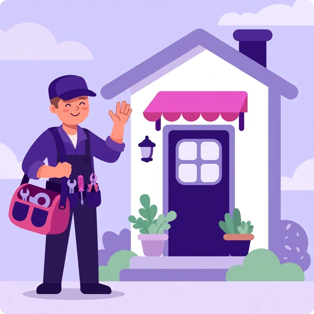 Plumber waving hello at a home's front door — friendly plumbing service, by Rank Rays.