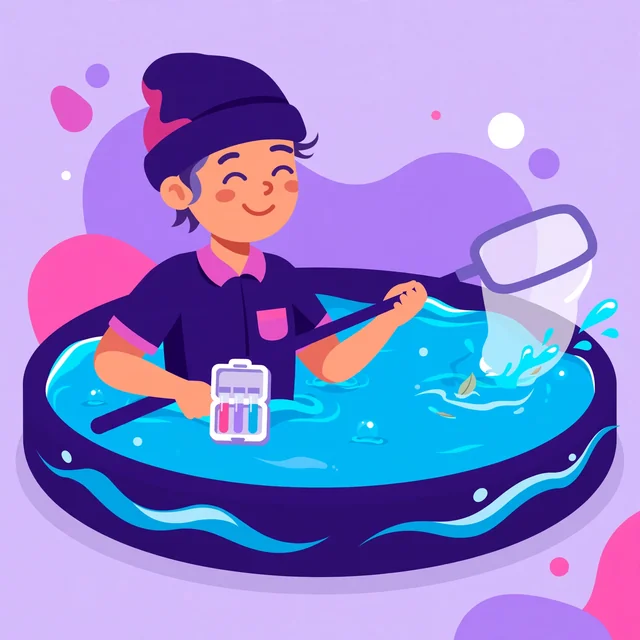 Smiling pool service technician skimming a bright blue pool with a skimmer net while holding a water testing kit, flat-vector illustration for Rank Rays pool service SEO