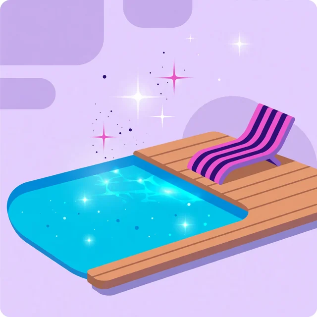 Crystal-clear sparkling turquoise swimming pool with sparkle accents beside a clean deck, flat-vector illustration for Rank Rays pool service SEO