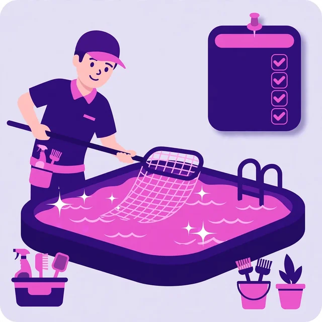 Flat-vector illustration for the "Why pool companies choose Rank Rays" section: a crystal-clear pool and pool technician, in purple and pink
