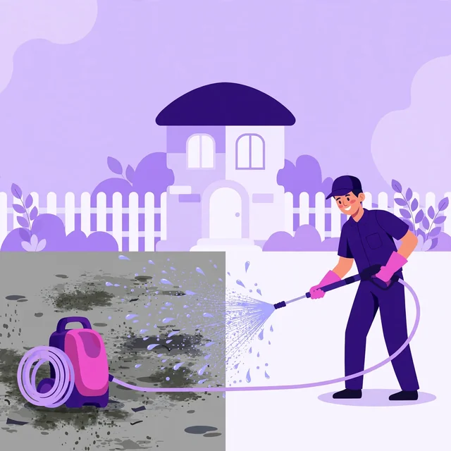 Exterior home-cleaning specialist pressure-washing a grimy driveway with a wand, half cleaned and half dirty transformation with visible water spray, flat-vector illustration for Rank Rays pressure washing SEO