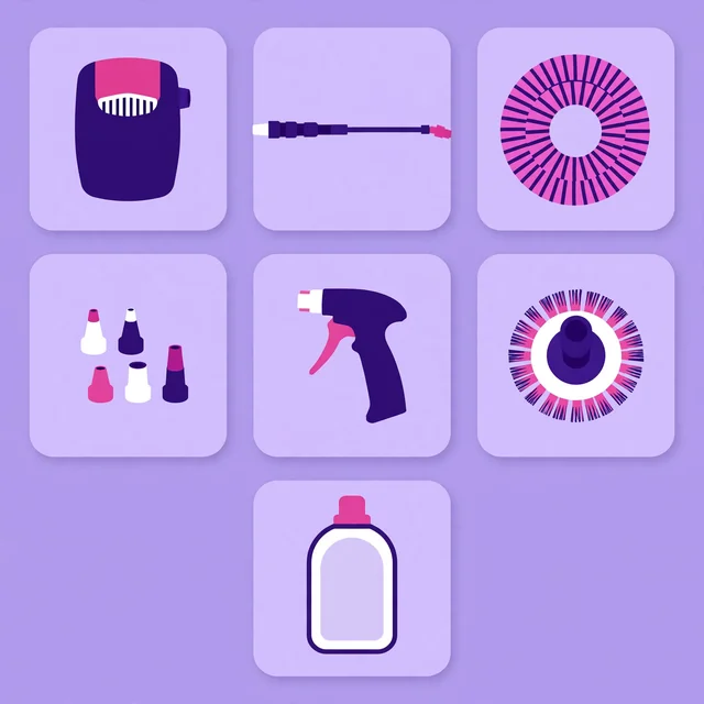Flat-lay of pressure washing equipment including a washer unit, spray wand, coiled hose, nozzle tips and detergent bottle, flat-vector illustration for Rank Rays pressure washing SEO