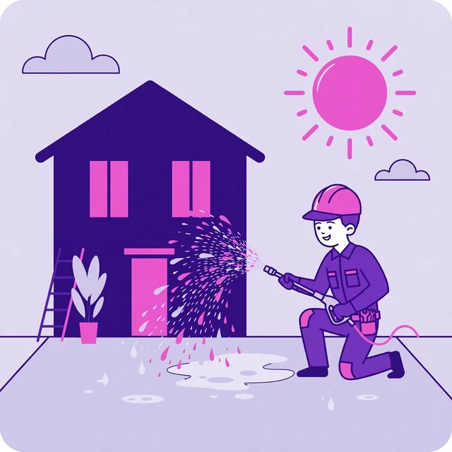 Flat-vector illustration for the 'Why pressure washing businesses choose Rank Rays' section: a house exterior and driveway with before-and-after transformation scenes, in purple and pink