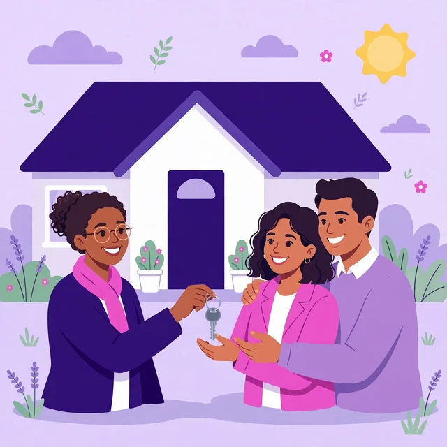 Realtor handing house keys to a happy couple in front of their new home — the joy of a new home, by Rank Rays.