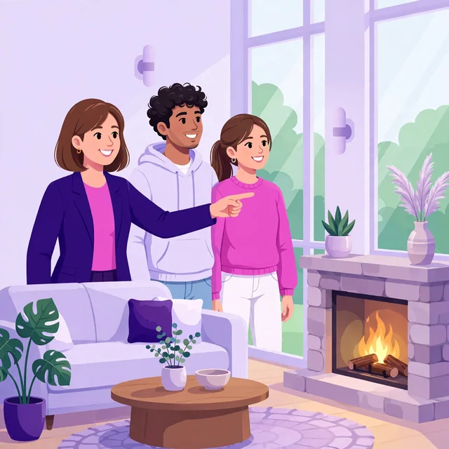 Realtor showing a couple around a bright living room with a fireplace — guided home tours, by Rank Rays.