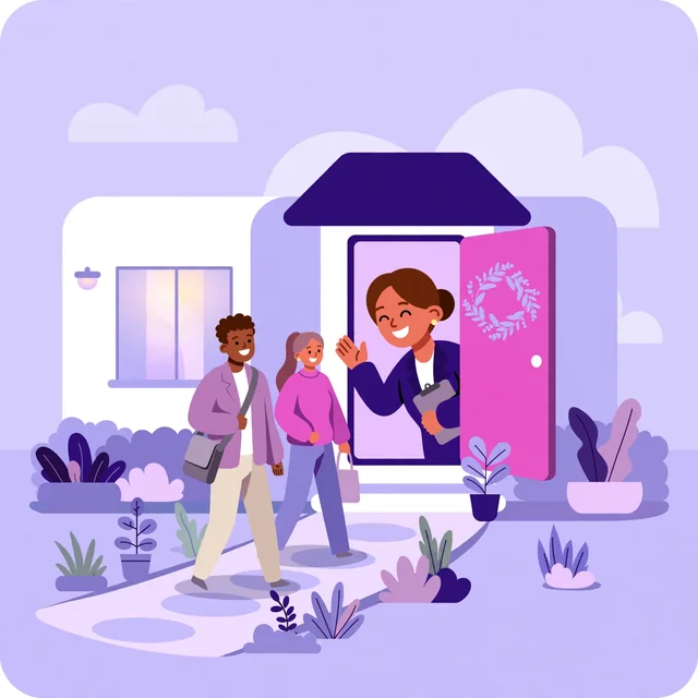 Realtor greeting visitors arriving at an open house — welcoming open houses, by Rank Rays.