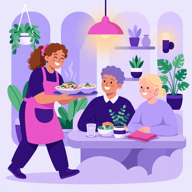 Server carrying dishes to happy diners in a cozy restaurant — warm hospitality, by Rank Rays.