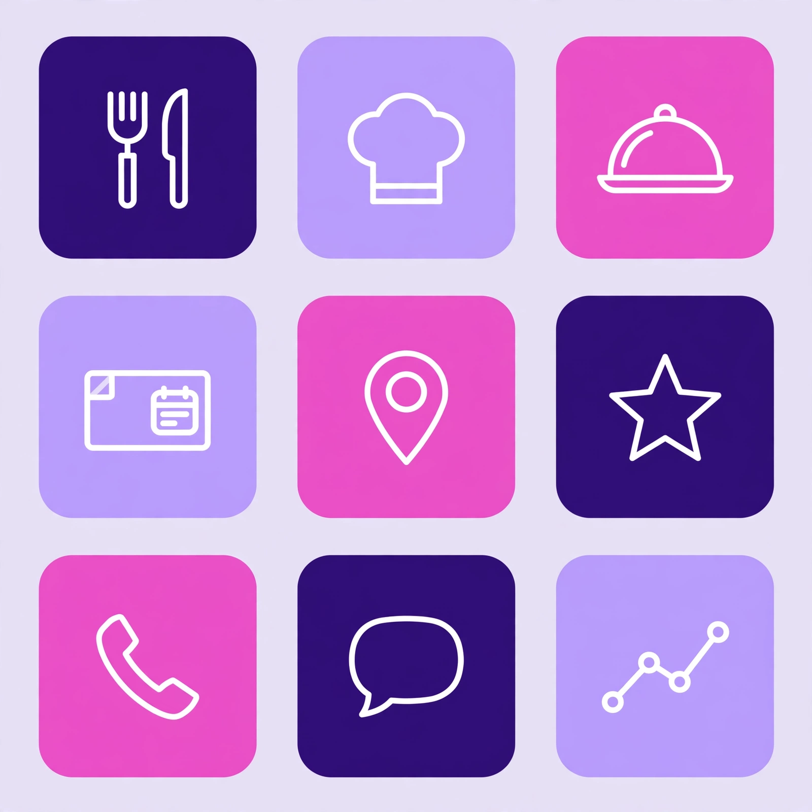Flat-vector grid of restaurant SEO icons: dining, reservations, reviews, and map listings in purple and pink