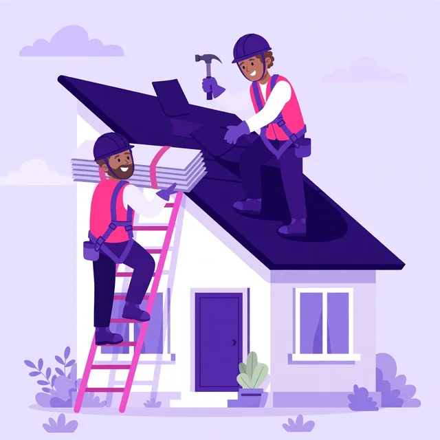 Two roofers installing shingles on a sloped roof — quality roofing craftsmanship, by Rank Rays.
