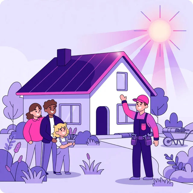 Family admiring their new gleaming roof while the roofer waves — roofing done right, by Rank Rays.