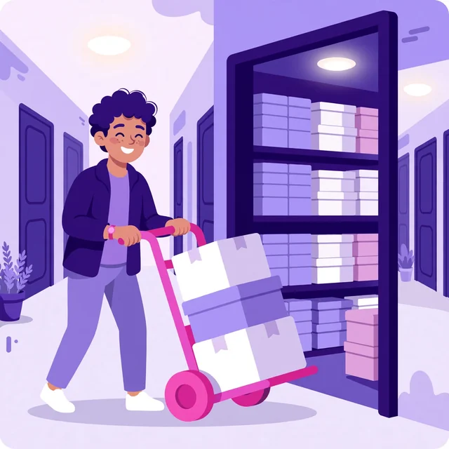 Smiling customer pushing a hand truck of boxes into a clean open self-storage unit, Rank Rays brand illustration