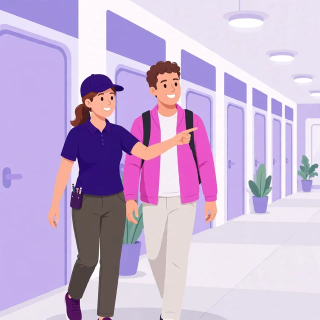 Facility manager in a purple polo guiding a happy client through a bright self-storage hallway, Rank Rays-style illustration