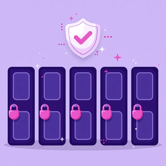 Row of self-storage unit doors with pink padlocks under a security shield emblem, Rank Rays purple and pink illustration