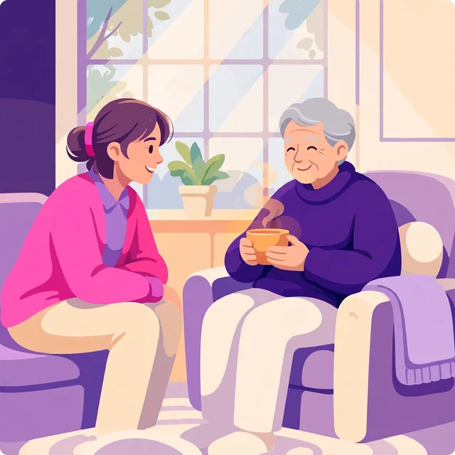 Friendly caregiver chatting with a smiling senior holding a warm cup in a cozy sunlit living room, flat-vector illustration for Rank Rays senior home care SEO