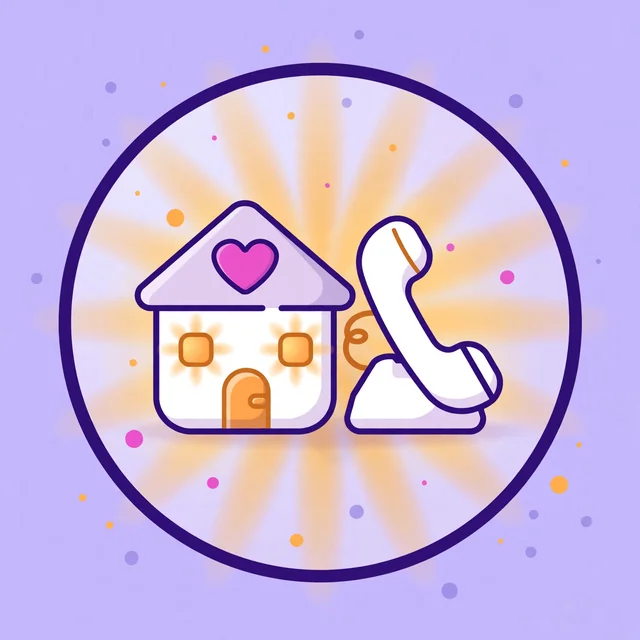 Badge-style illustration of a cozy house with a pink heart emblem beside a telephone handset with warm glowing accents, for Rank Rays senior home care SEO