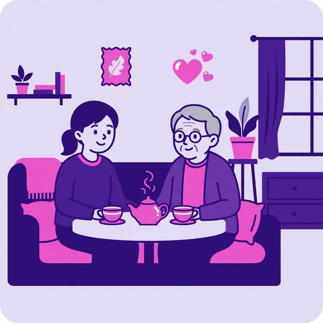 Flat-vector illustration for the 'Why home care agencies choose Rank Rays' section: a caregiver supporting a senior at home, and an adult child calling for a consultation, in purple and pink
