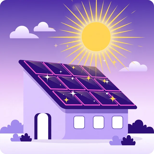 Solar panels installed on a modern home rooftop under a bright radiant sun with sparkle accents, flat-vector illustration for Rank Rays solar installer SEO