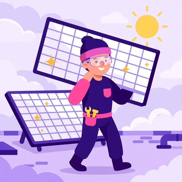 Smiling solar installer carrying a large solar panel on a rooftop under a sunny sky, flat-vector illustration for Rank Rays solar installer SEO