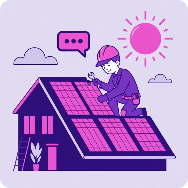 Flat-vector illustration for the 'Why solar installers choose Rank Rays' section: solar panels on a home roof, and a calendar of booked consultations, in purple and pink