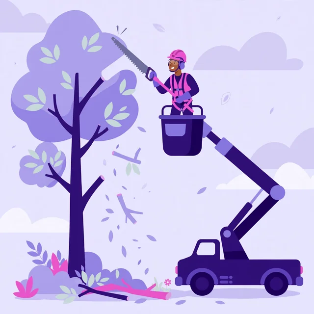 Arborist in a bucket lift trimming tall branches with a pole saw — professional tree care, by Rank Rays.