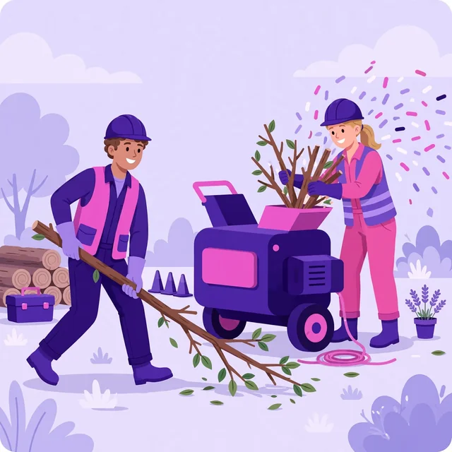 Tree crew feeding branches into a wood chipper — tidy tree service cleanup, by Rank Rays.