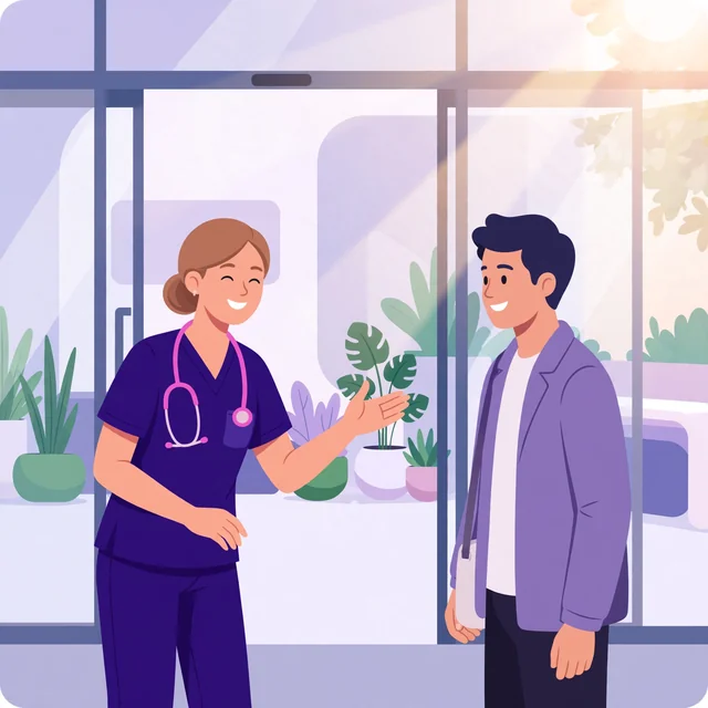 Smiling nurse in purple scrubs warmly greeting a patient at an urgent care clinic entrance, Rank Rays brand illustration