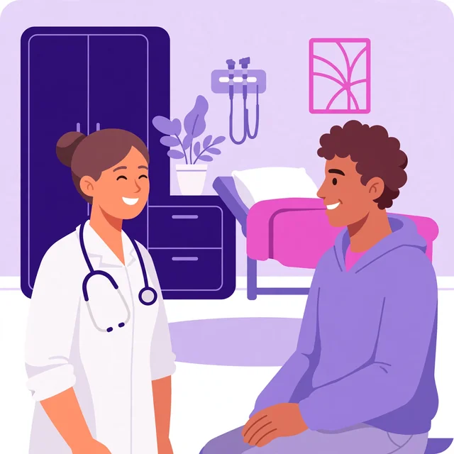 Doctor consulting a patient in a bright urgent care exam room, calm professional Rank Rays-style illustration