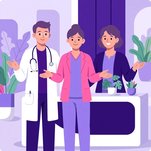 Friendly urgent care team of doctor, nurse, and receptionist ready to help in a modern clinic lobby, Rank Rays colors