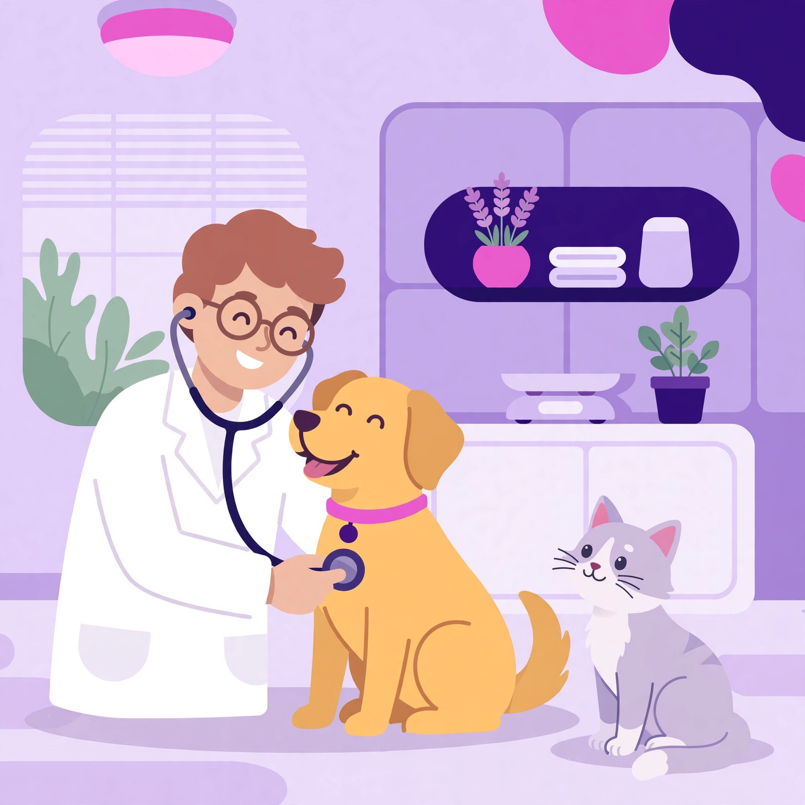 Friendly veterinarian examining a happy dog with a stethoscope while a cat sits nearby in a bright clinic, flat-vector illustration for Rank Rays veterinarian SEO