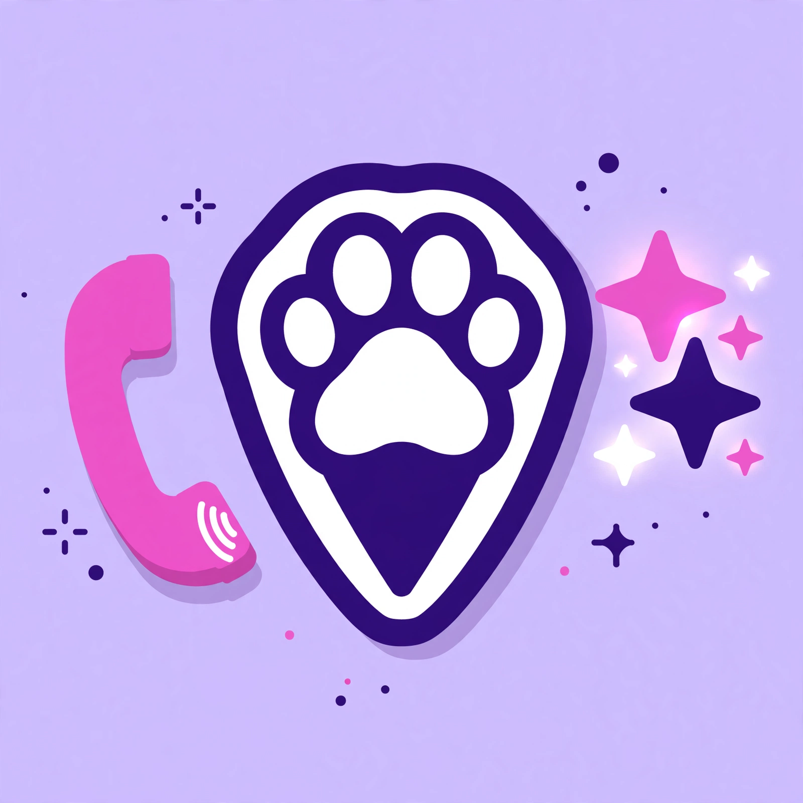 Paw print badge fused with a map pin beside a phone handset and glowing stars in purple and pink, flat-vector illustration for Rank Rays veterinarian SEO