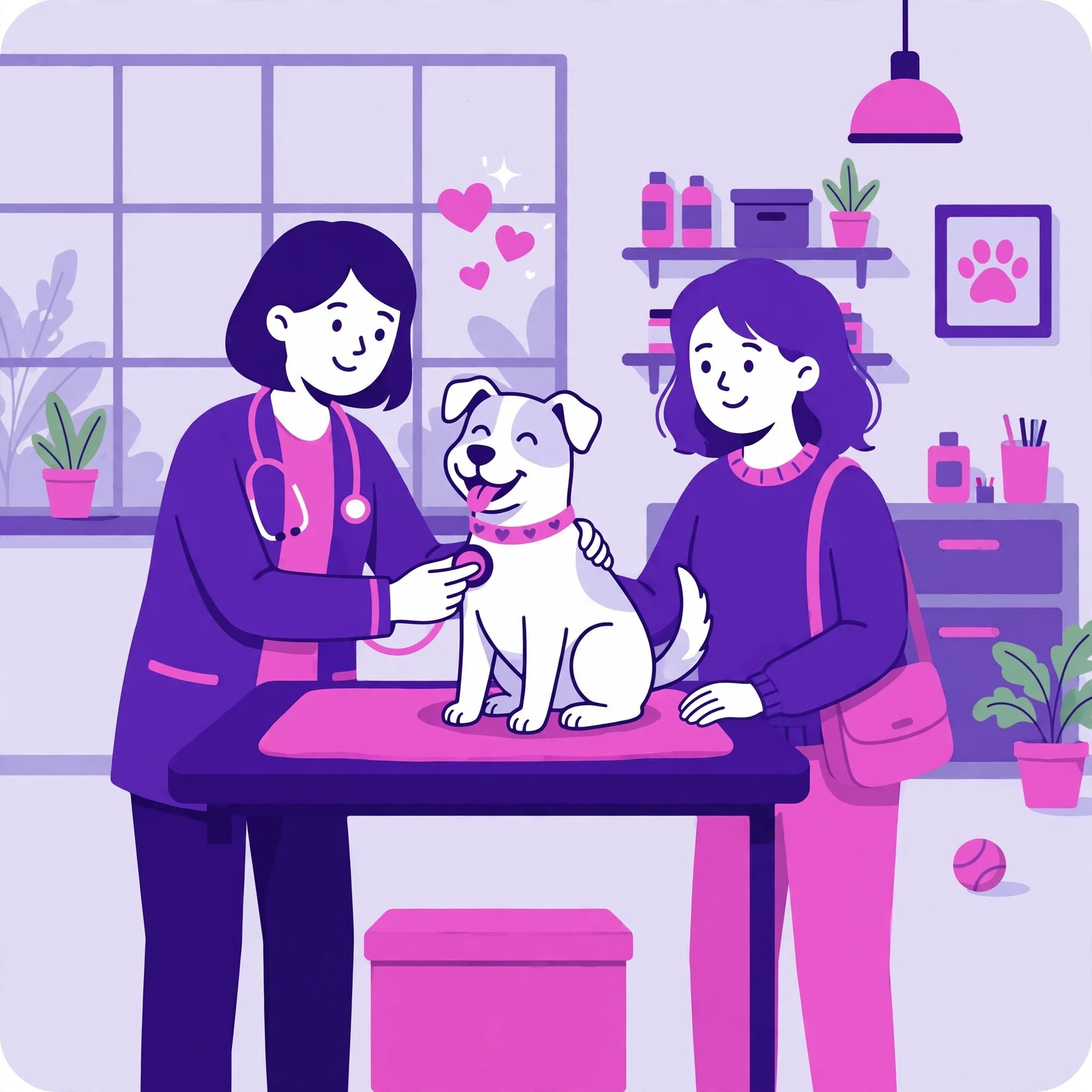 Flat-vector illustration for the 'Why veterinarians choose Rank Rays' section: a veterinarian caring for a dog and cat, and a calendar of loyal client visits, in purple and pink