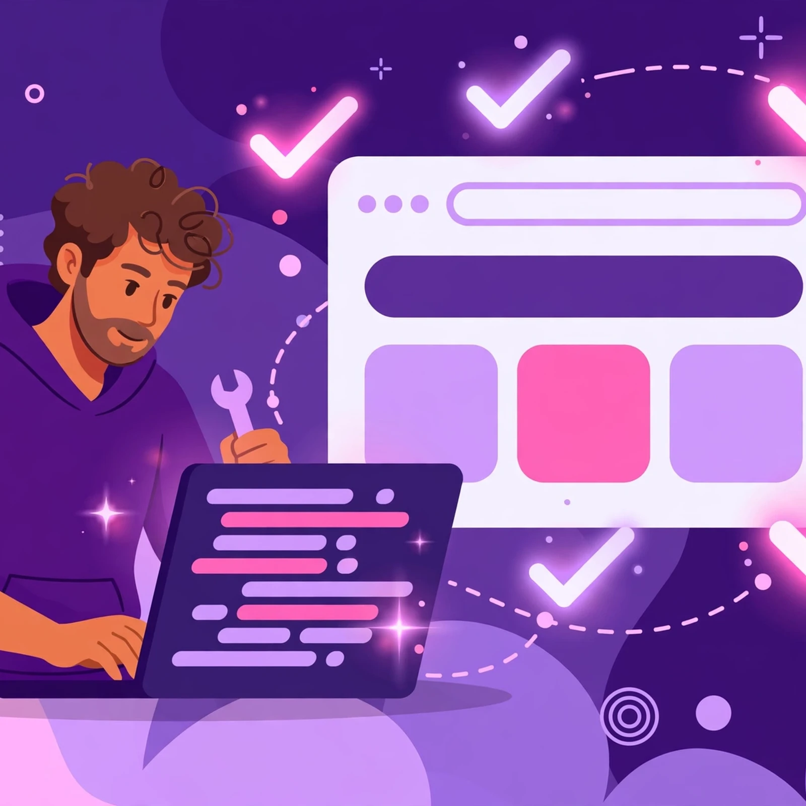 Rank Rays developer repairing code on a laptop while SEO checkmarks light up around a website