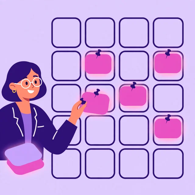 Marketer pinning cards on a publishing calendar wall, a Rank Rays content marketing planning illustration