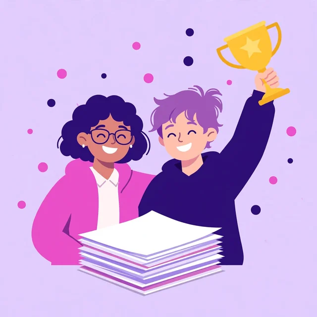 Two smiling creators celebrating published articles with a trophy, a Rank Rays content marketing success illustration