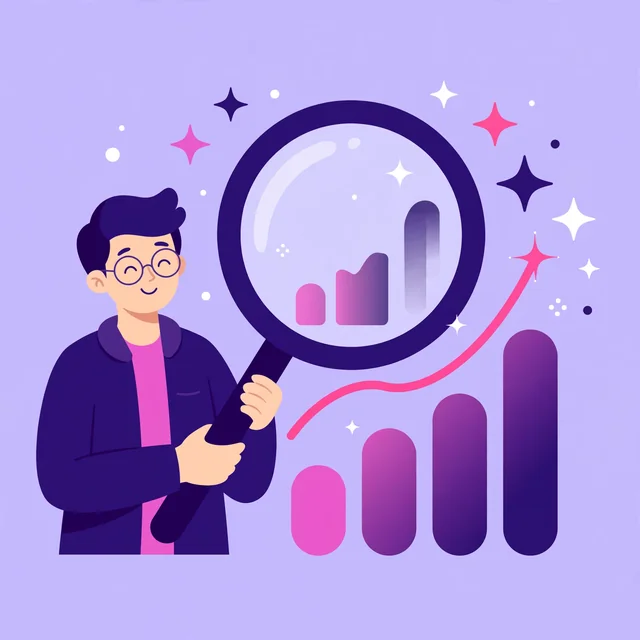 Researcher examining keyword trends with a magnifier, a Rank Rays keyword research illustration