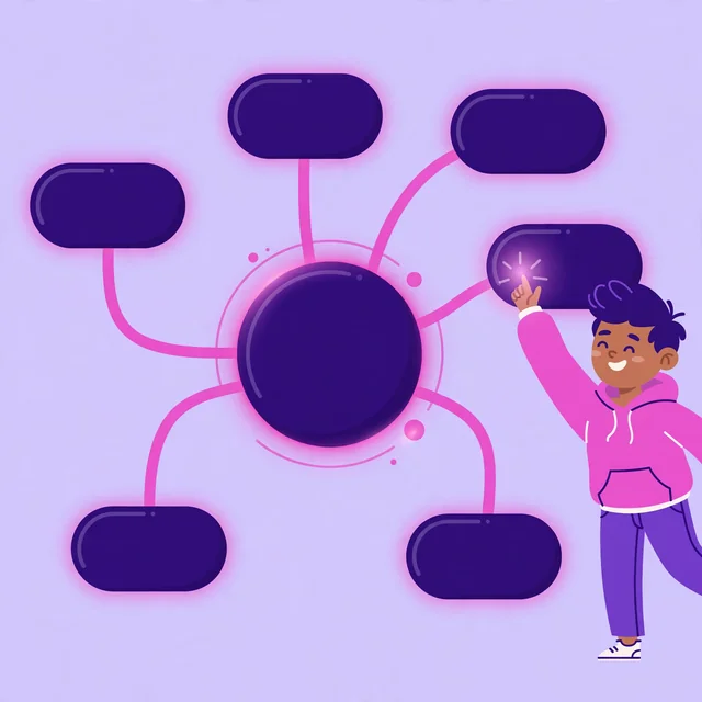 Character exploring a topic mind map of connected keyword nodes, a Rank Rays keyword research illustration