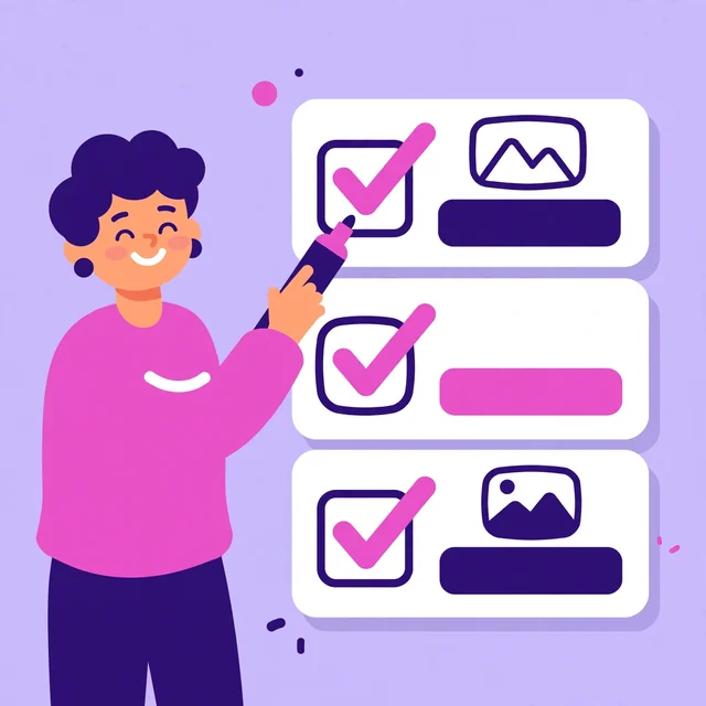Character ticking off an on-page SEO checklist of content elements, a Rank Rays illustration