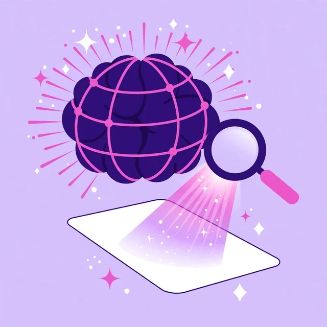 AI brain globe understanding content through a magnifier beam, a Rank Rays semantic SEO illustration