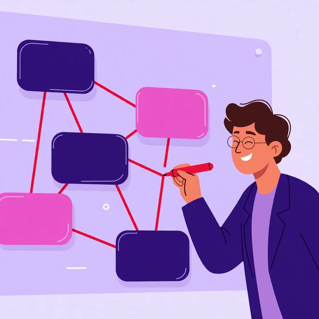 Strategist linking topic cards on a planning wall, a Rank Rays semantic SEO mapping illustration