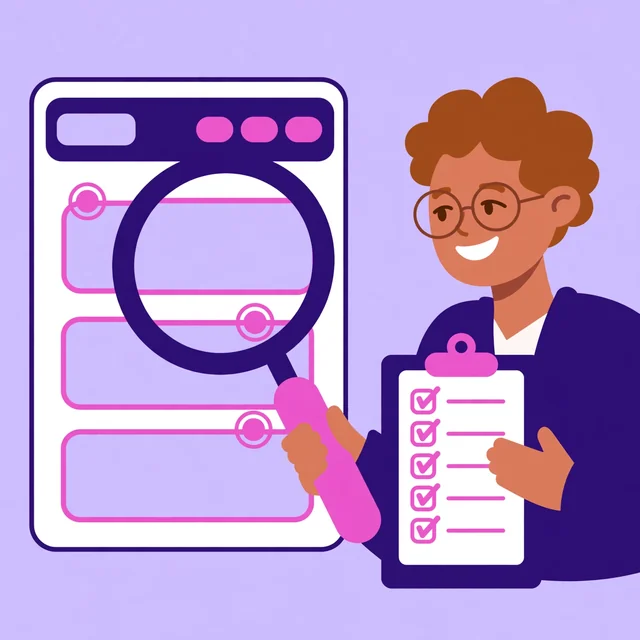 Auditor inspecting a website with a magnifier and checklist, a Rank Rays SEO audit illustration