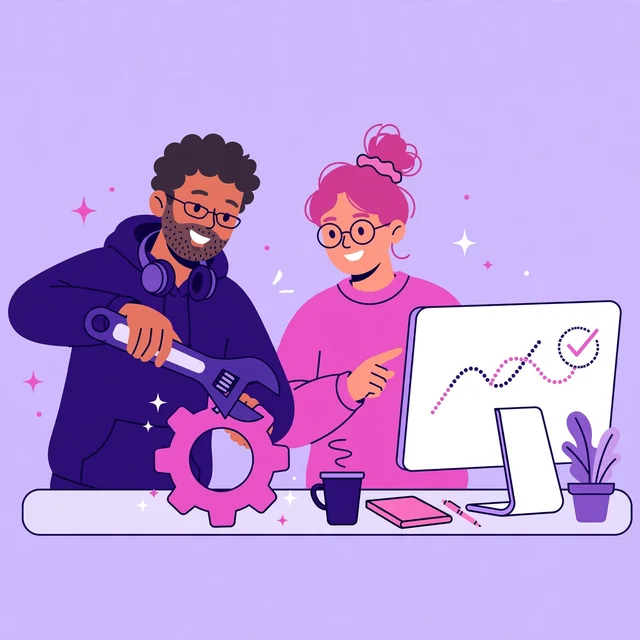 Two developers fixing website issues with tools and gears, a Rank Rays SEO audit fix illustration