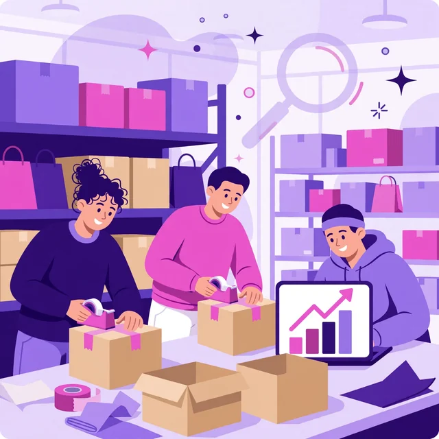 Rank Rays SEO specialists helping an ecommerce team pack shipping orders beside a laptop showing rising growth charts.