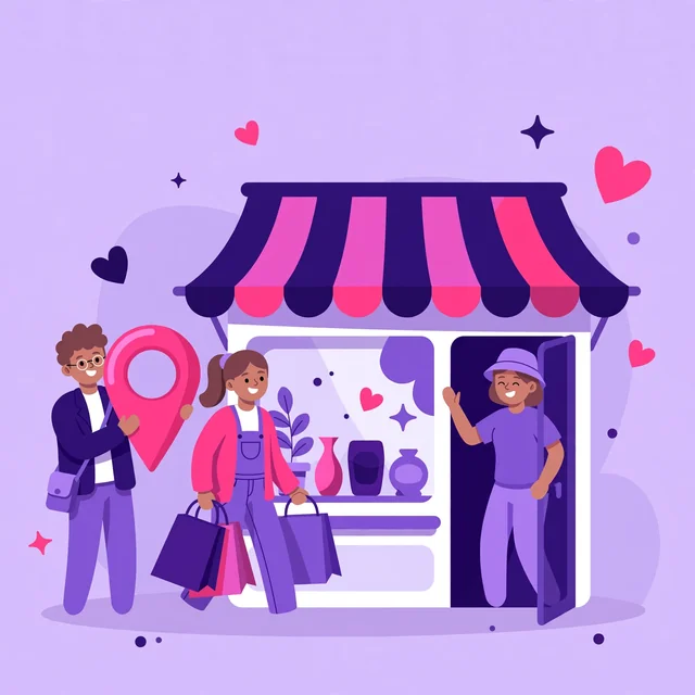 Rank Rays local SEO team with small business owners in front of a storefront holding a map pin.