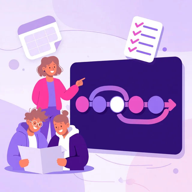 Rank Rays team following a step-by-step SEO process board with connected colored nodes and checklist.