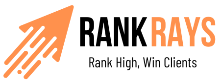 Rank Rays logo in Orange and Black color letters with an Arrow of orange color.